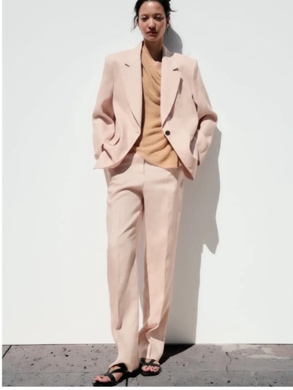 ZARA 2Piece Linen Wide Keg Pants and One Button Blazer Pant set, Medium